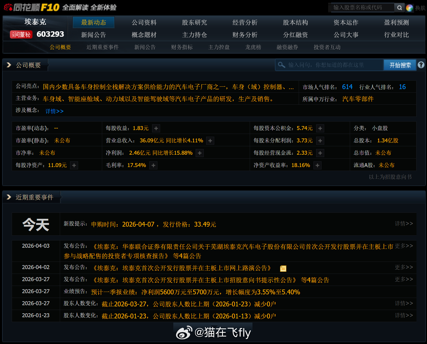 【4月7日新股申购】2只申购（1只北交所）埃泰克   主营车身域、智能座舱域、动