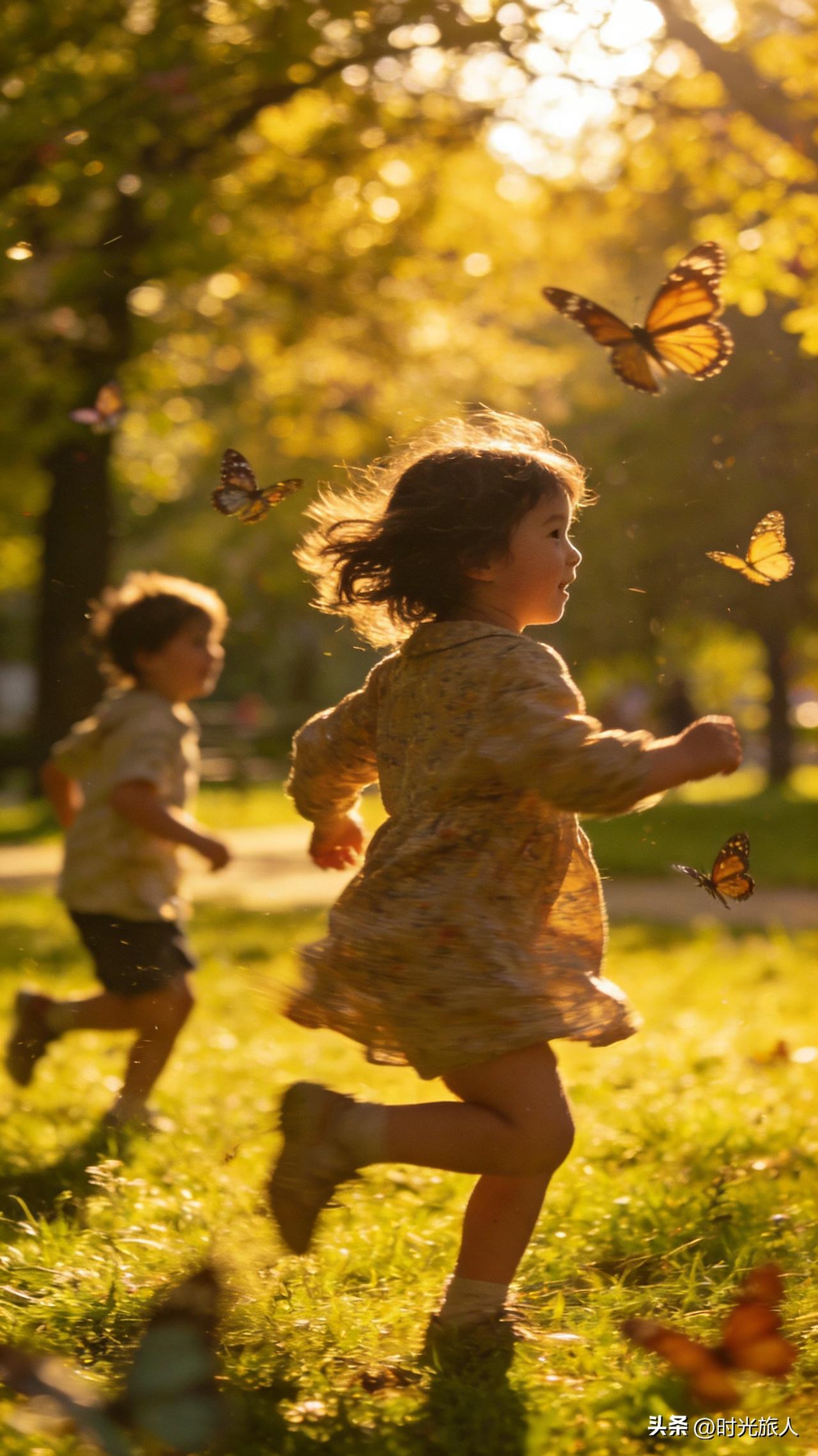 今天路过村口的小公园，刚坐下歇脚，就看见两个小娃扎着羊角辫，光着脚片子追着黄蝴蝶