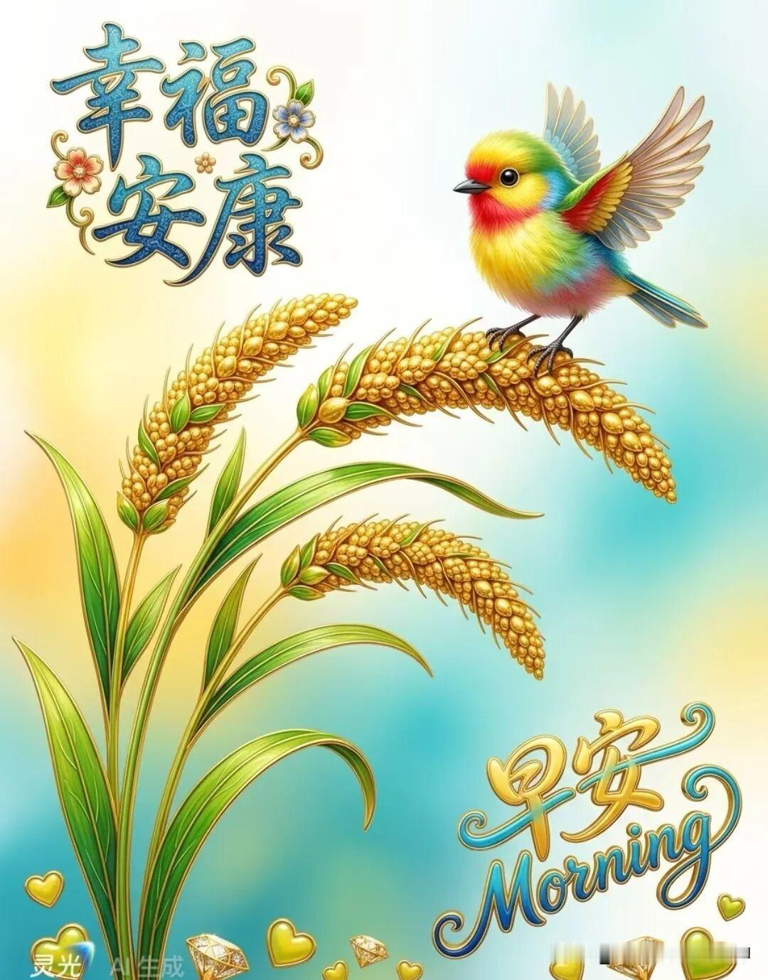 清晨的鸟儿在麦穗上唱歌，真美！