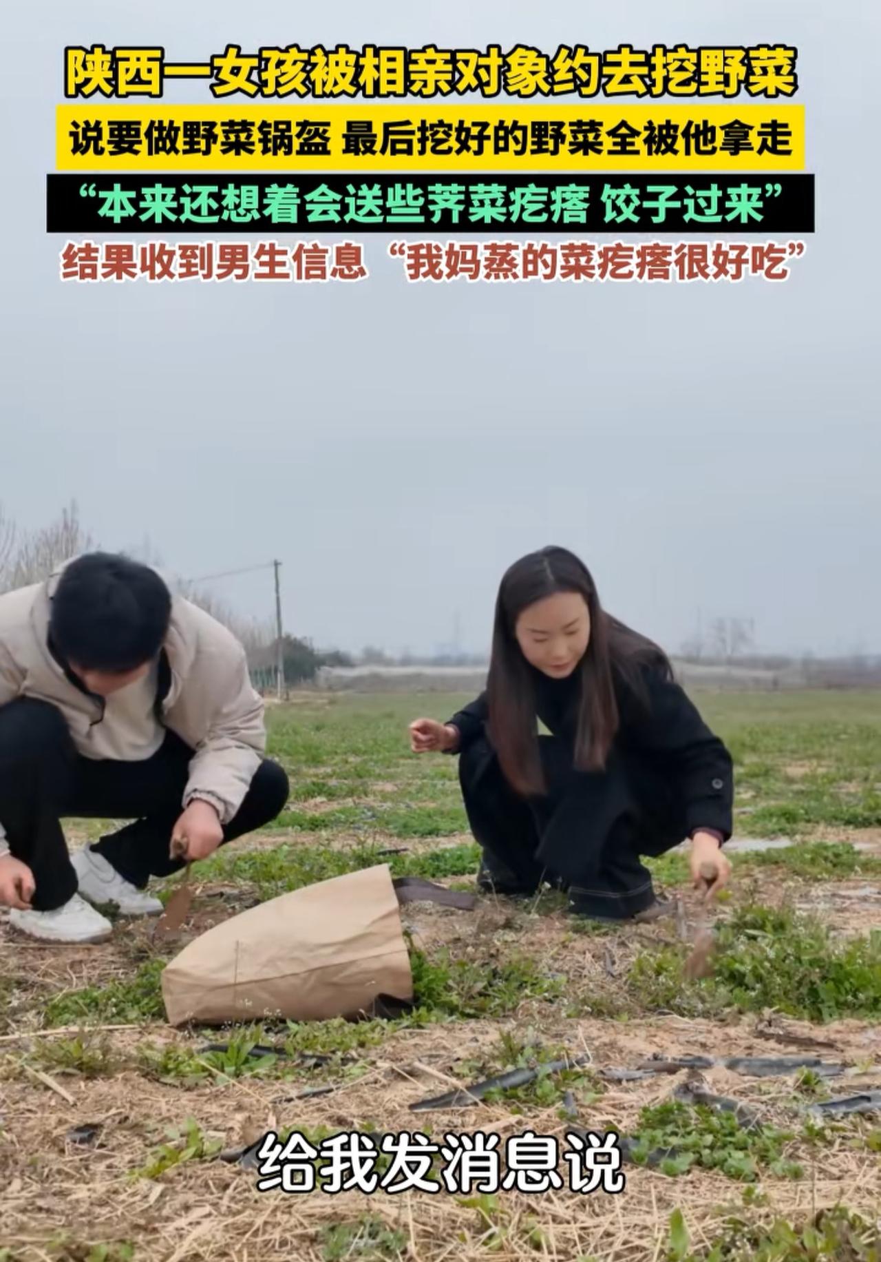 相亲新形式：挖野菜。什么吃饭啊、喝咖啡啊、看电影之类的都过时了，现在流行一边相亲