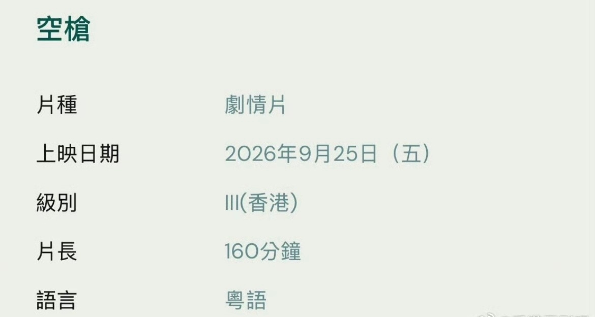 评级信息流出，《空枪》在香港被评定为三级片，片长160分钟，这个时长加三级评级，