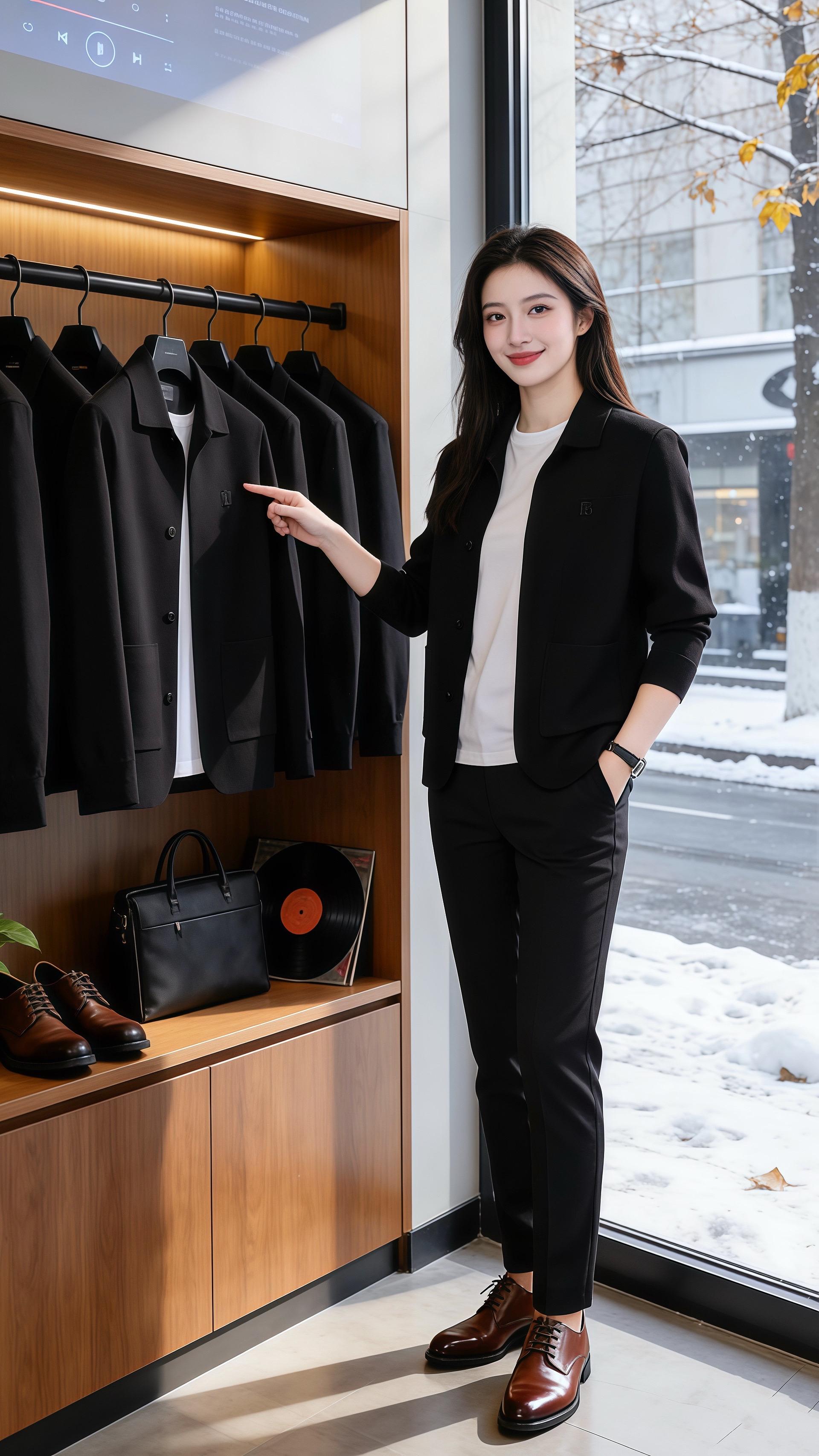 雪畔清隽  北城的雪粒敲着男装店的落地窗，暖灯把龟背竹的影投在深灰地砖...