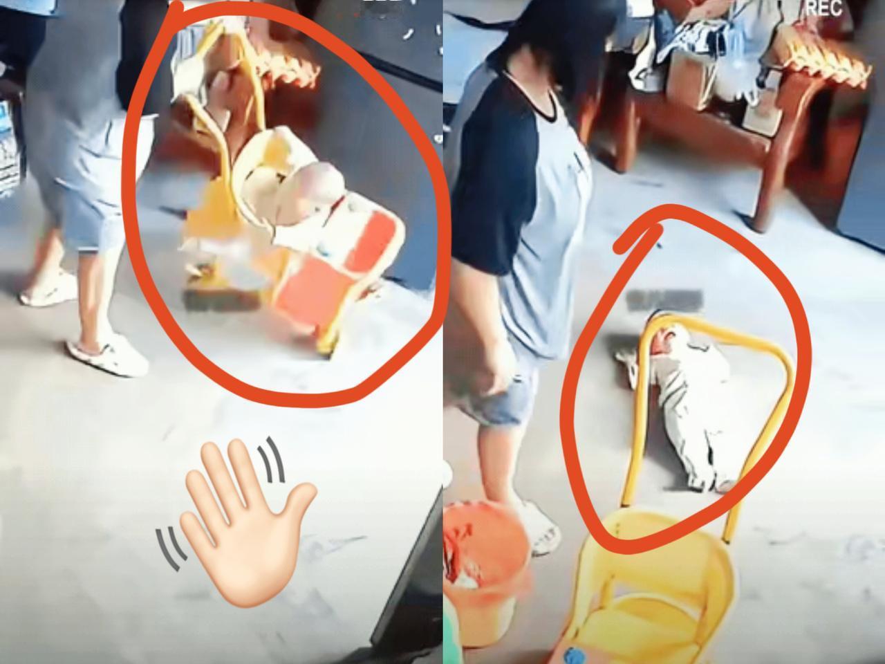 就因为不到1岁的小宝宝！
坐在婴儿车里不停的哭闹，妈妈居然像倒垃圾似的把娃头朝下