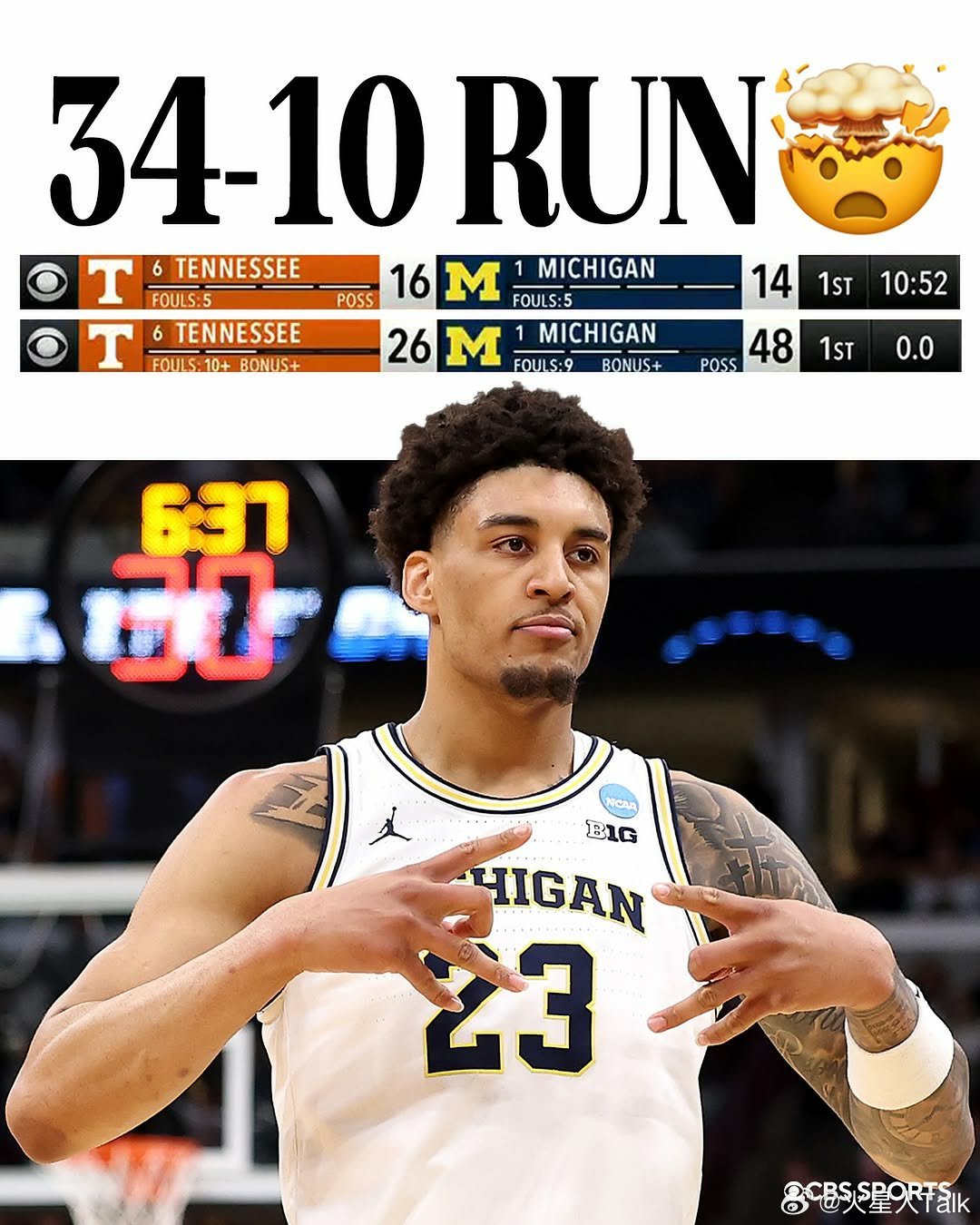 2025-2026赛季NCAA男篮疯狂三月 中西区决赛密歇根大学大胜田纳西大学，