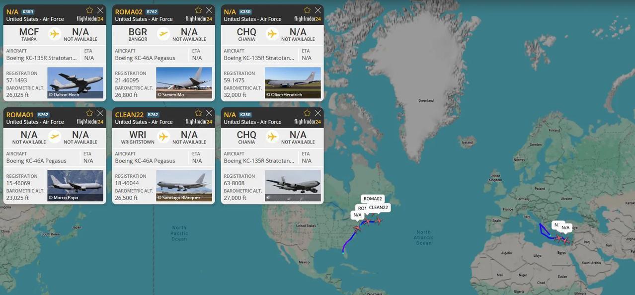 美国空军今晨正展开向中东地区的大规模战机调动行动。

3架KC-46A"飞马"空