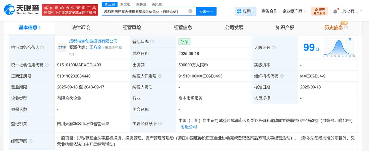 成都未来产业天使投资基金登记成立出资额50亿
天眼查App显示，近日，成都未来产