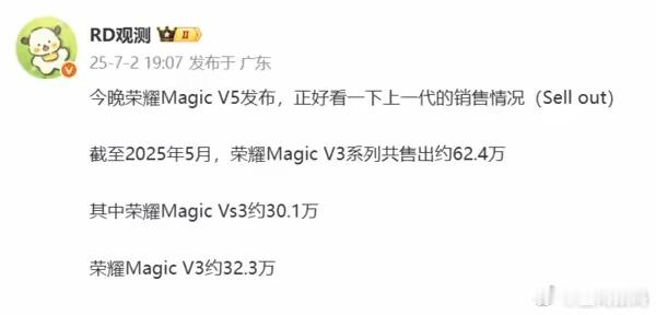【荣耀Magic V3系列销量数据曝光 两款总计达62.4万台！】近日有博主曝光