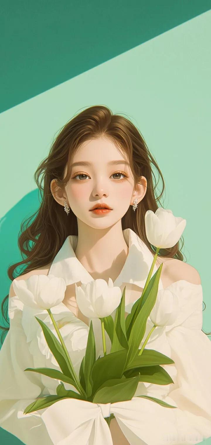 清新少女，手持白百合，春日气息扑面而来！🌸💐