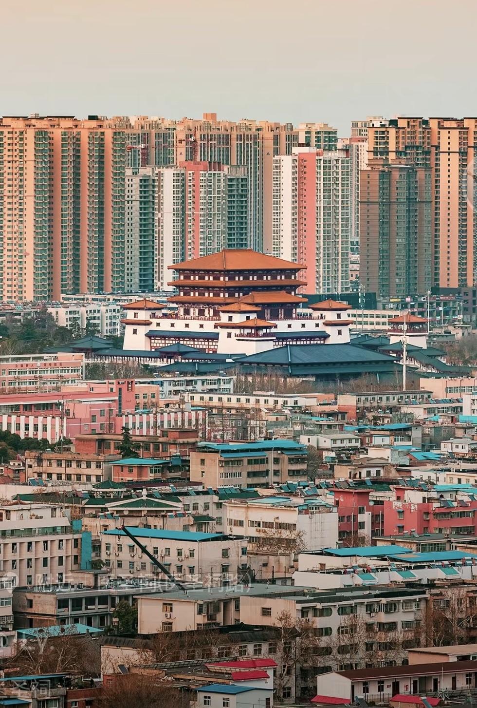 这幅照片展示的是南阳市的仲景游园。画面中，前方是老旧的矮楼，后方则是现代化的高楼