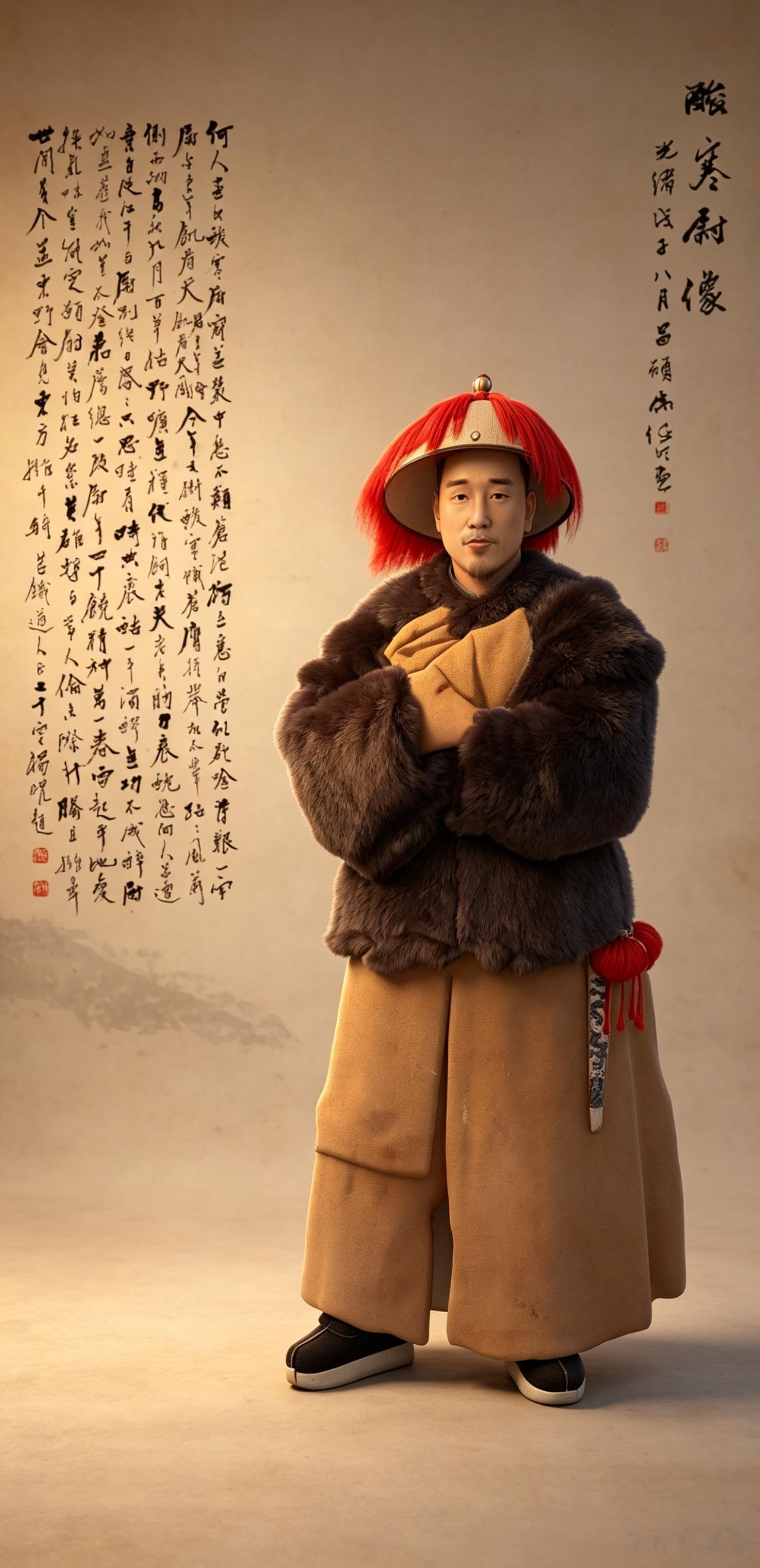 任伯年给一个当上小官的朋友画了一幅肖像，这哥们许是才走上仕途，穿着官服，毕恭毕敬