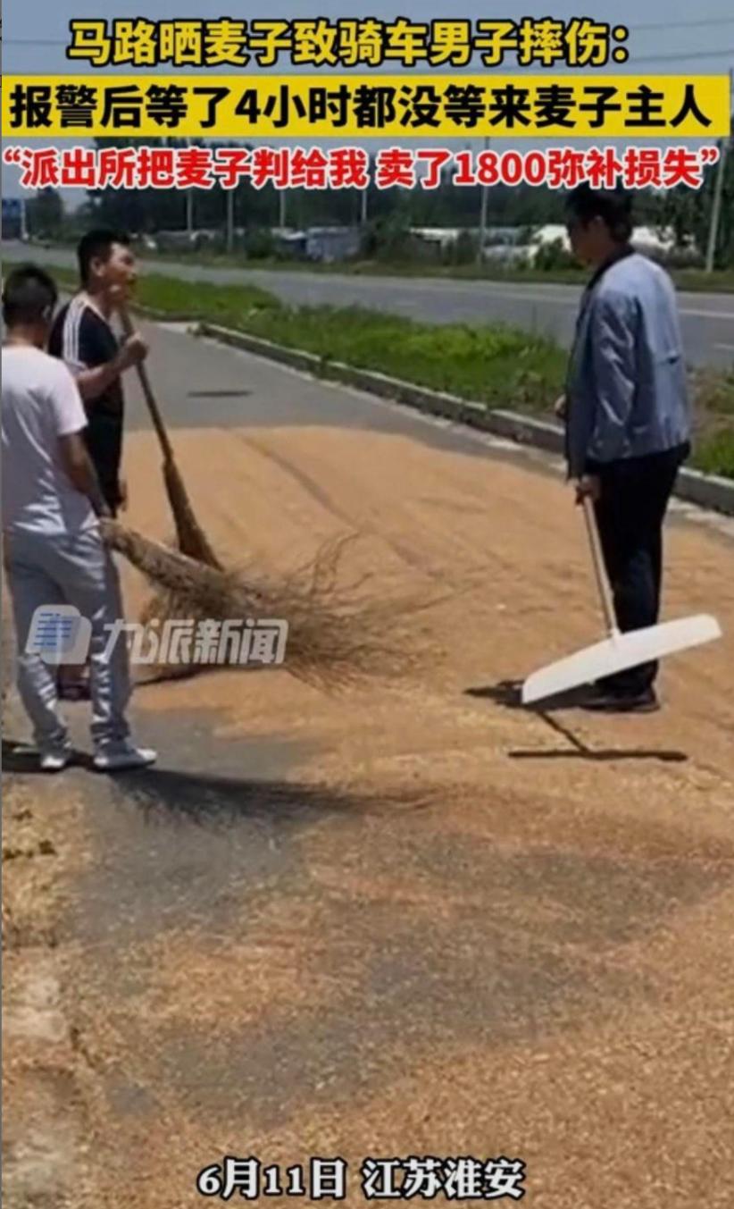 马路晒麦子致男子摔伤，4小时没等来麦子主人，派出所将麦子判给男子，卖1800元弥