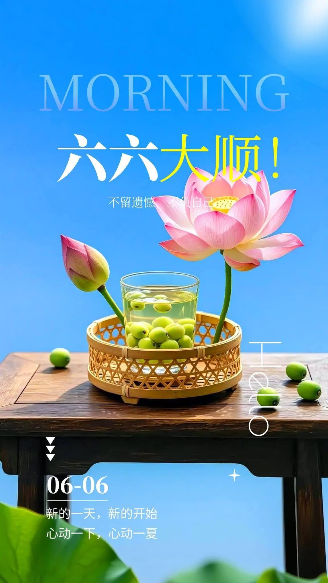 六六大顺启晨光，菡萏迎风绽雅香。
翠子盈杯消暑气，清荷伴座纳安康。
新程不负心中