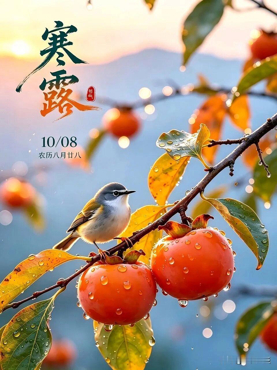 今日寒露，天气慢慢转凉，早晚温差变大，秋的味道越来越浓了。
 
枝头柿子红得喜人