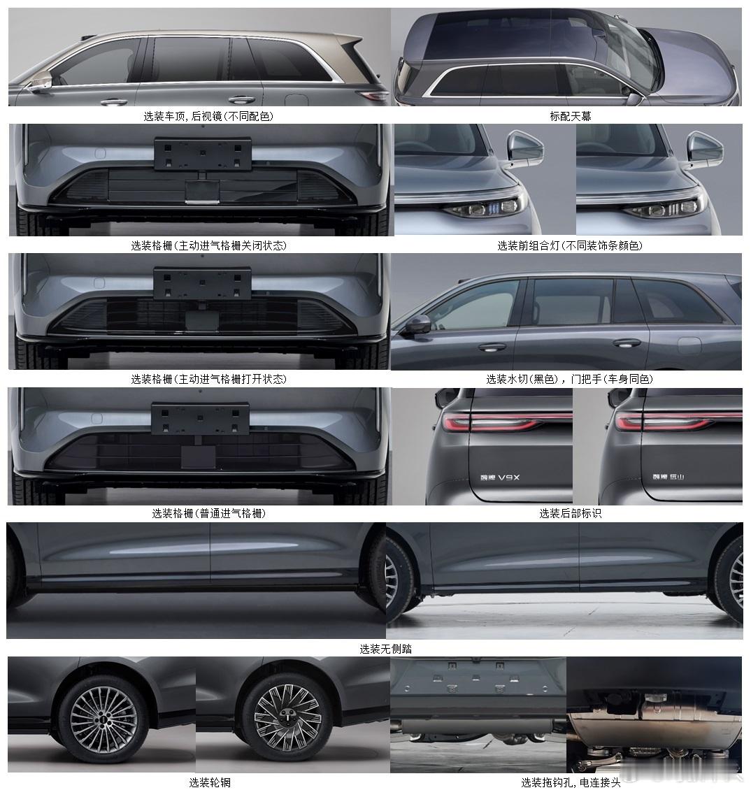 魏牌V9X真容终于亮相工信部了！车长近5.3米，轴距3150mm，6座布局，有拖