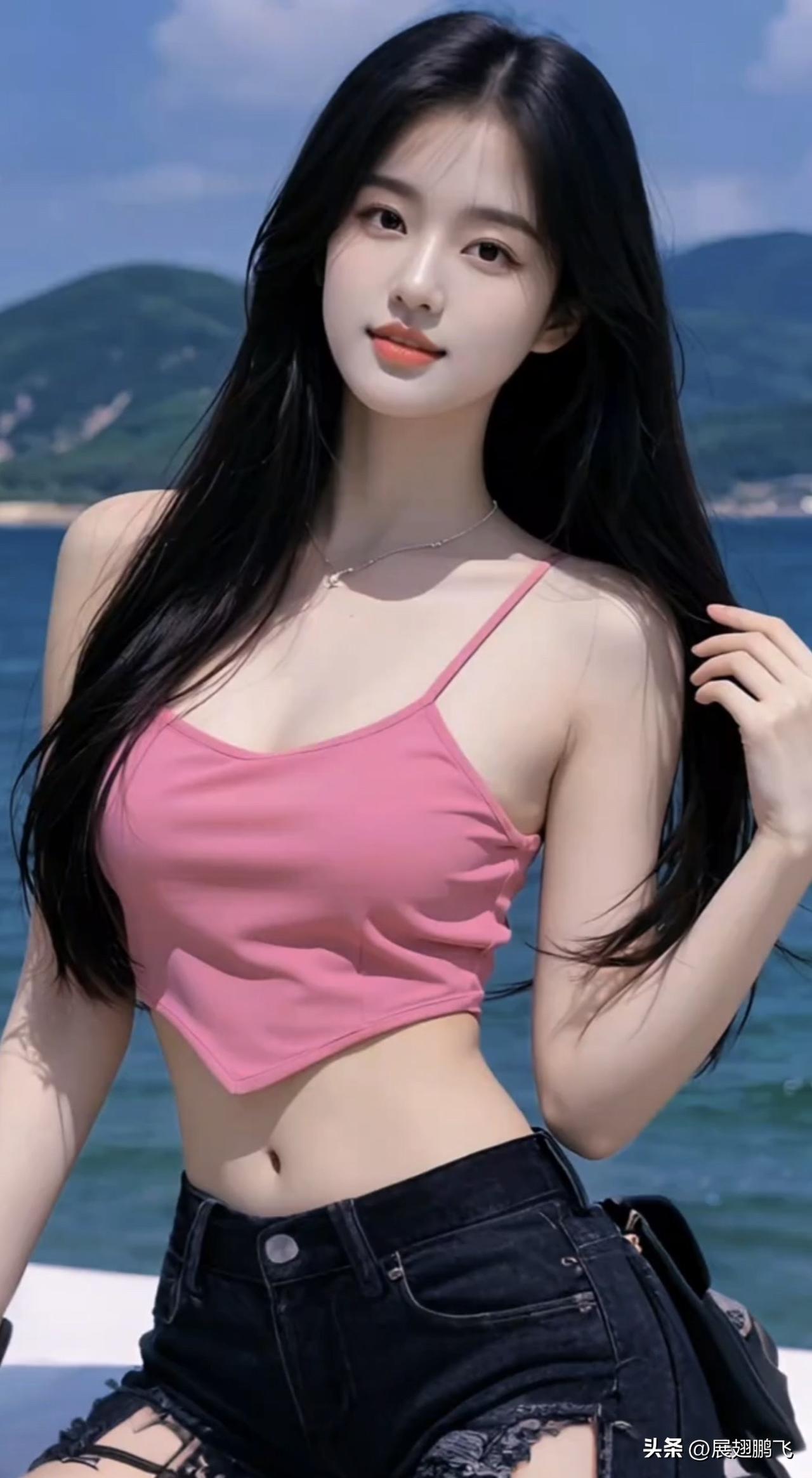 夏日海边少女，粉色背心搭配牛仔短裤，清新自然，阳光灿烂。海边元气少女 浅粉色短裤