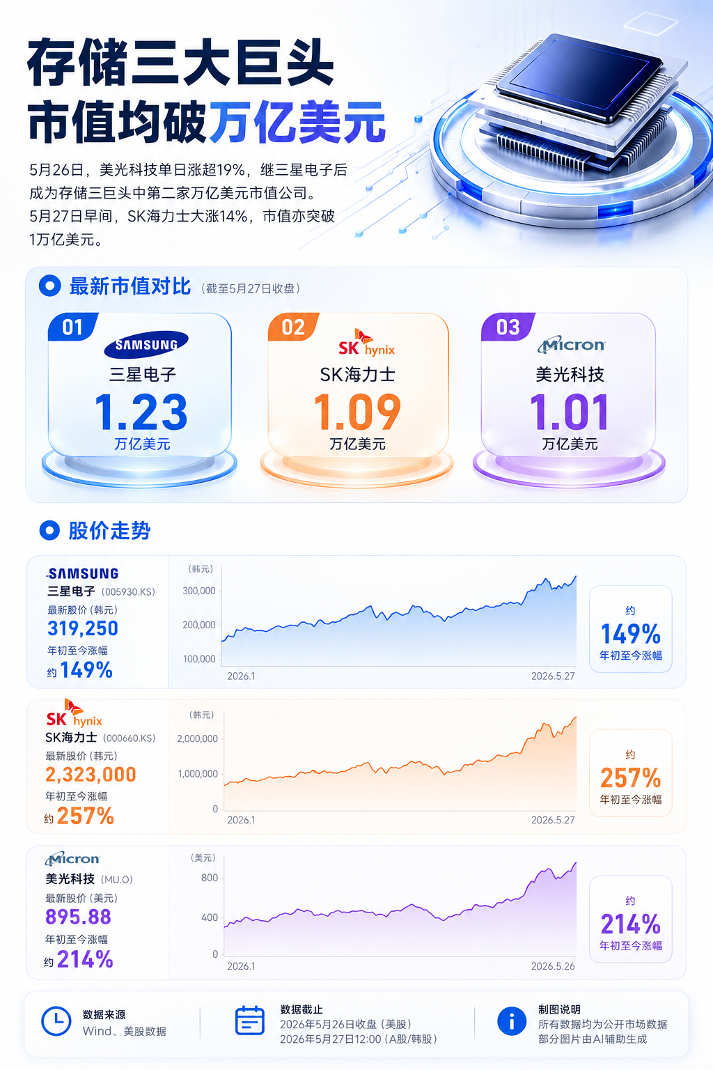 全球存储三巨头三星、SK海力士和美光市值均突破1万亿美元。 