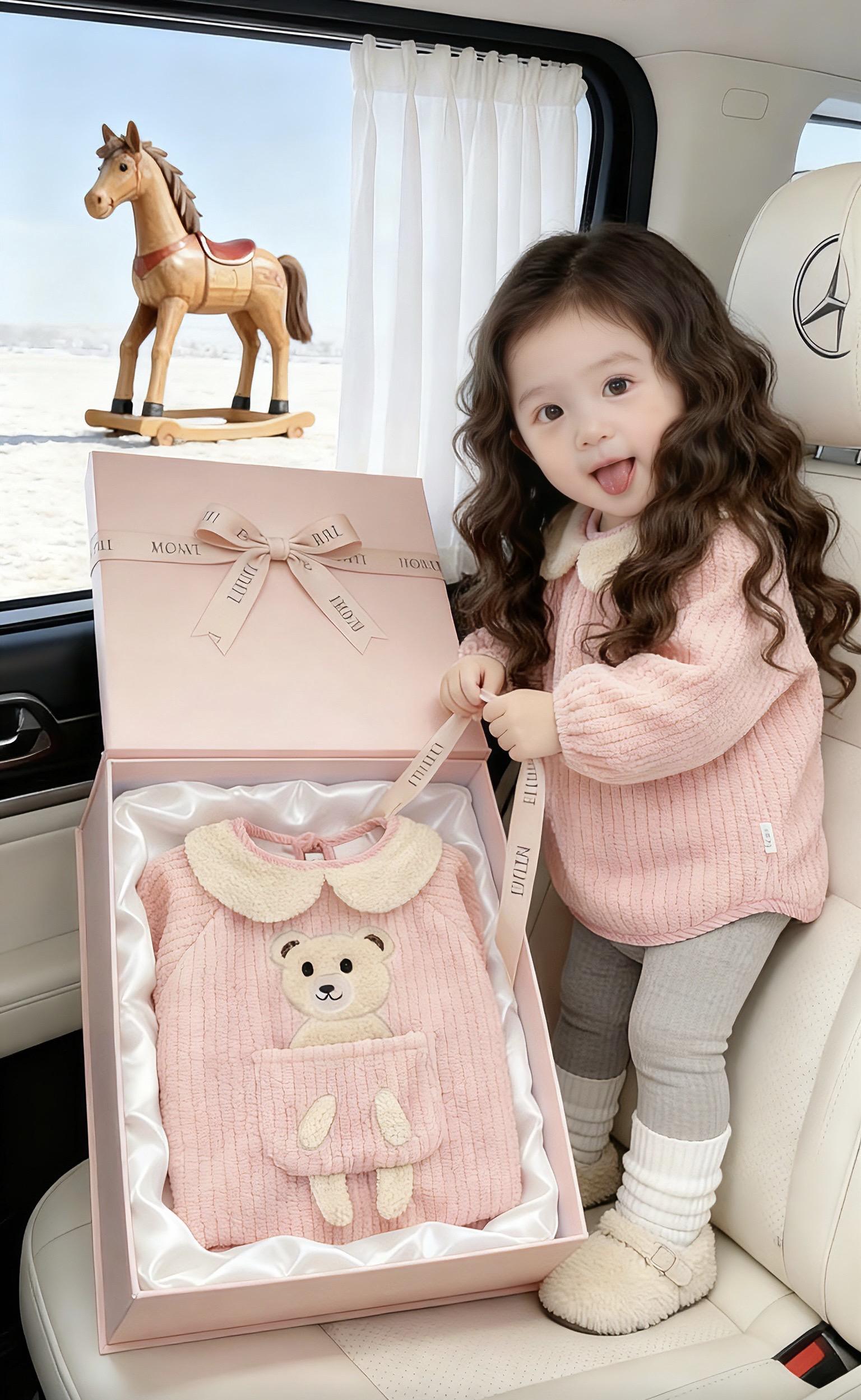 她裹着粉绒小熊罩衣倚在窗边，冬雪落街时，软乎乎的笑浸在暖光里——这是我...