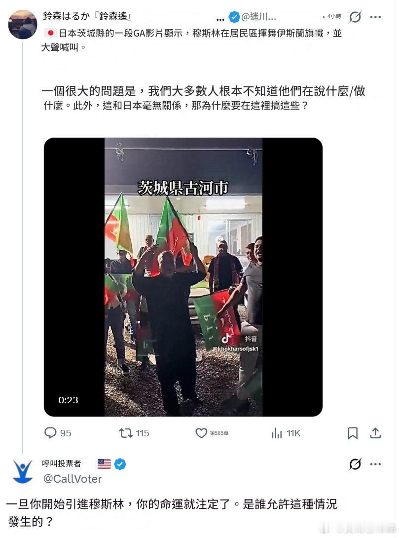 發生在日本茨城県古河市的一幕，MSL在居民區揮舞伊斯蘭旗幟，並大聲喊叫。一個很大