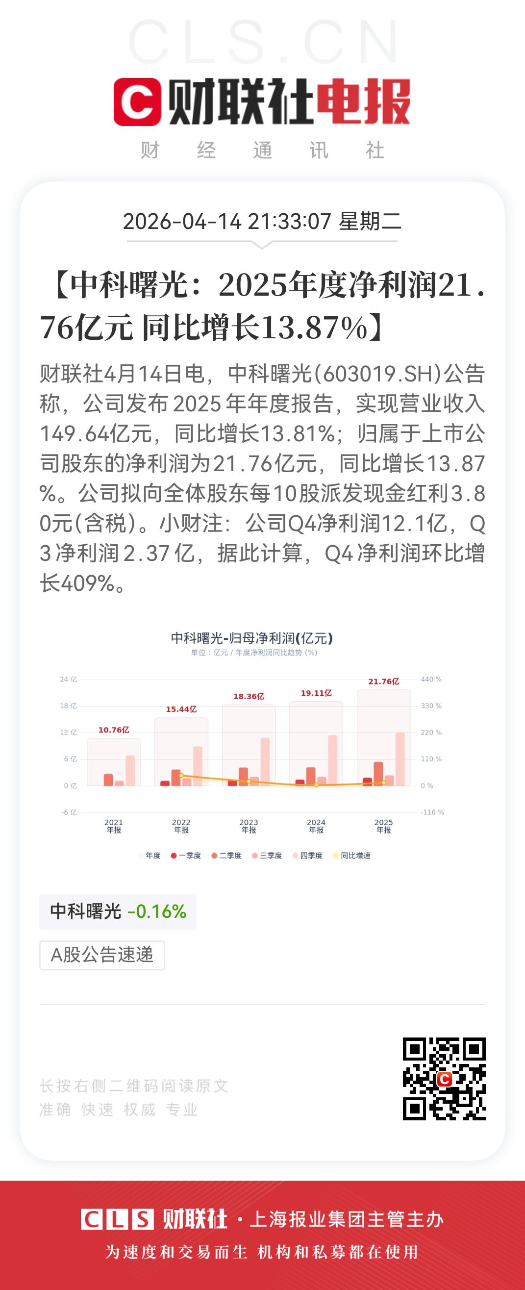 中科曙光暴增4倍，业绩超预，周三涨停？核心液冷开始放量

4月14日晚间，AI服