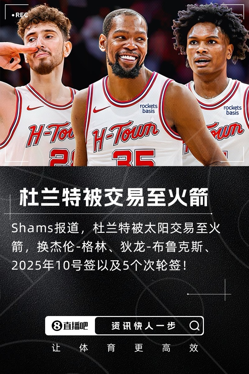 Shams：杜兰特被太阳交易至火箭！！具体筹码为：火箭得到杜兰特太阳得到杰伦-格
