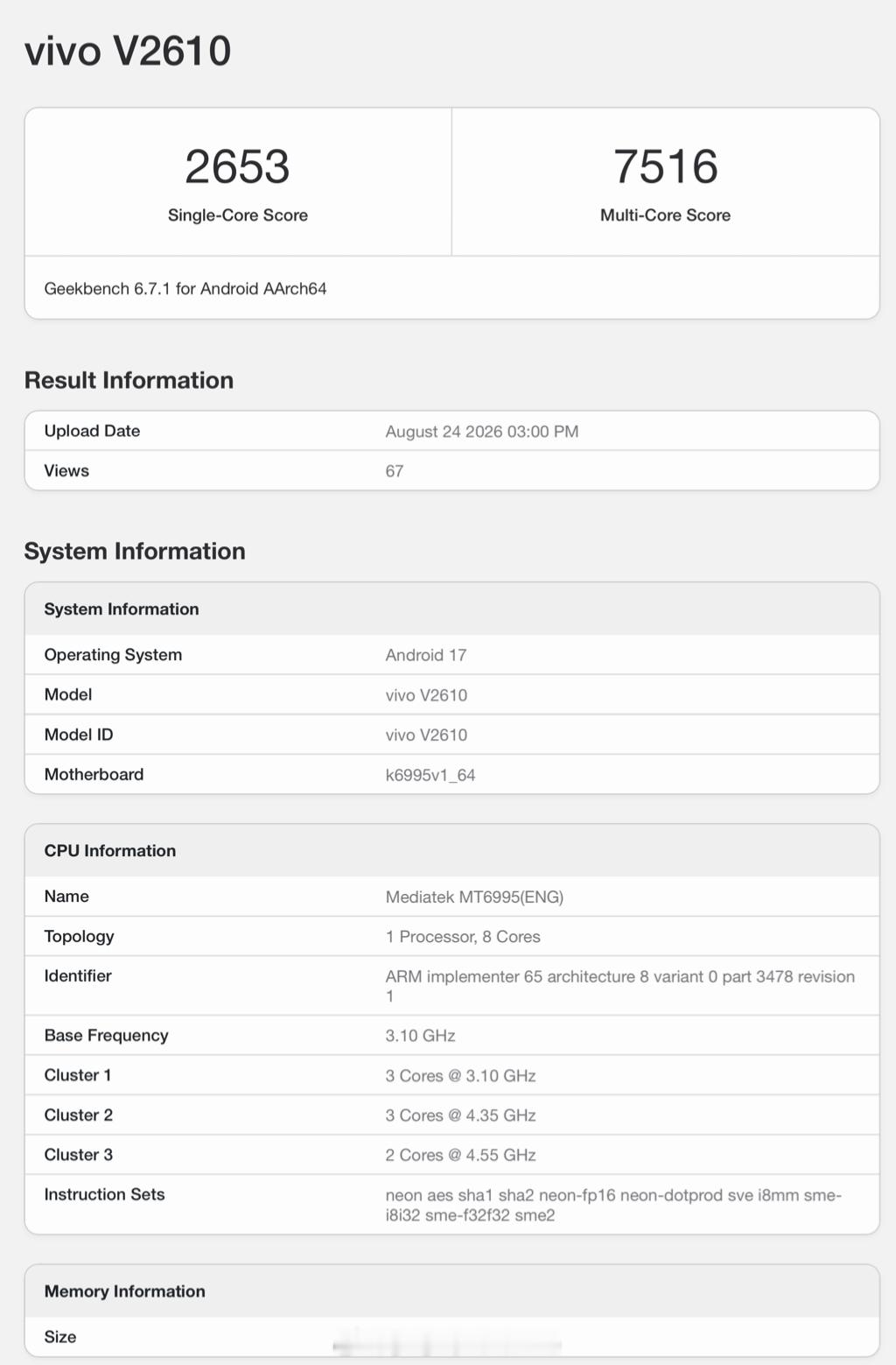 vivo X500 Pro Max 工程机的 Geekbench 6 早期跑分来