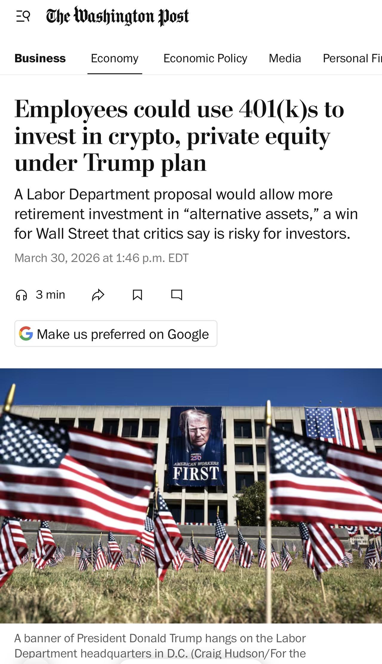 根据特朗普政府的一项新提案，员工可以使用其工作场所退休计划投资加密货币、私募股权