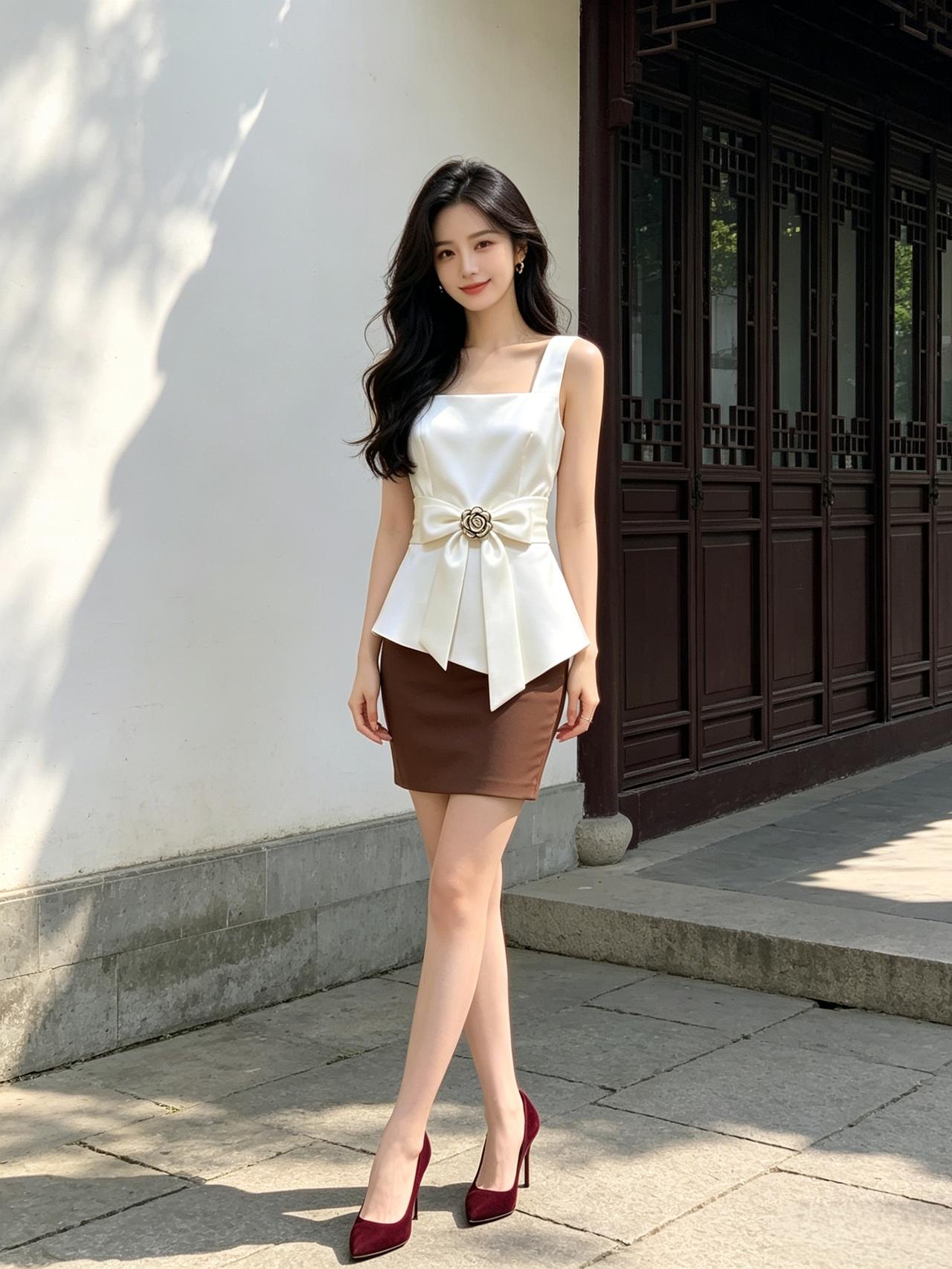 女人如何穿出含蓄的性感?
白色无袖小外套，咖啡色短裙配红鞋，腰间蝴蝶结轻盈一转，