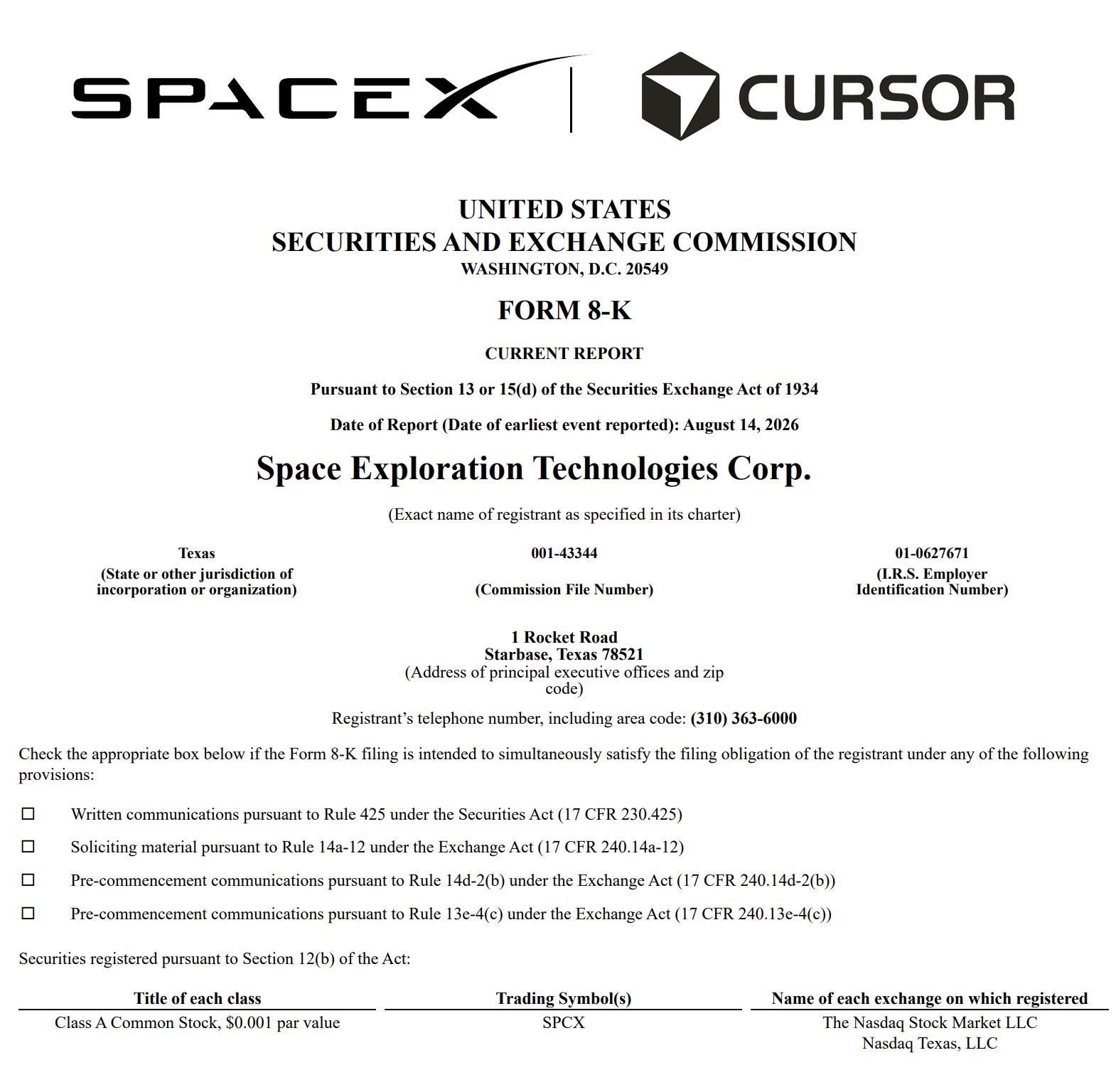 2026年8月14日，SpaceX官宣完成对AI编程公司Cursor（母公司An
