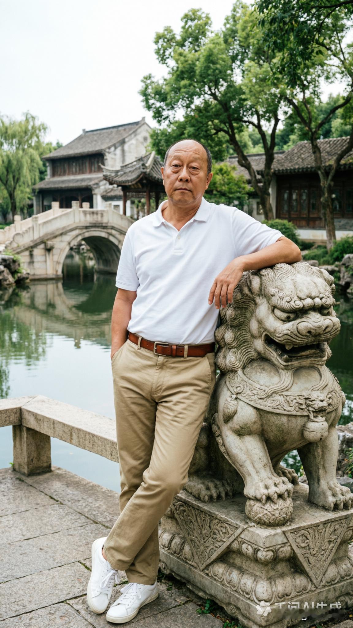 在古桥边，与石狮合影，感受传统韵味。