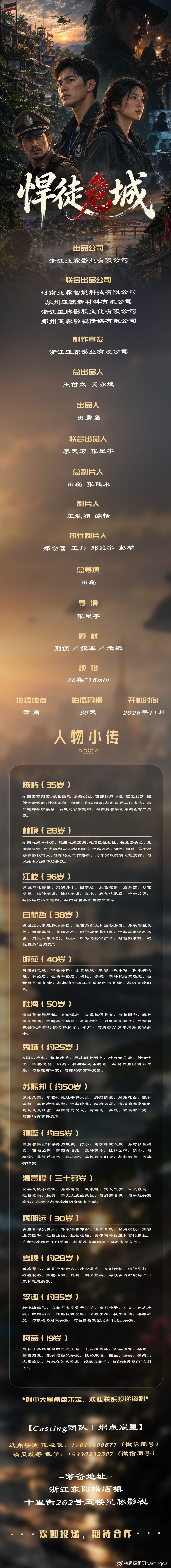 超级组讯剧组组讯 悬疑剧《悍徒危城》题材类型：刑侦、犯罪、悬疑出品公司：浙江亚霖
