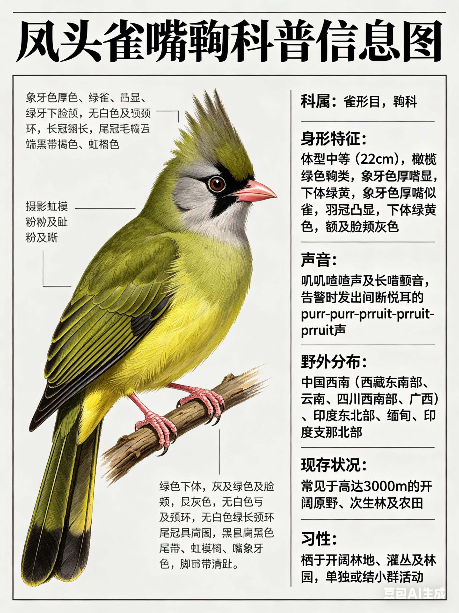 鸟类朋友图鉴 凤头雀嘴鹎·科属：雀形目，鹎科。·外形特征：体型中等（22cm）而