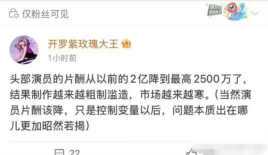 曝演员片酬从2亿降到最高2500万 有网友爆料头部演员片酬从2亿降到最高2500