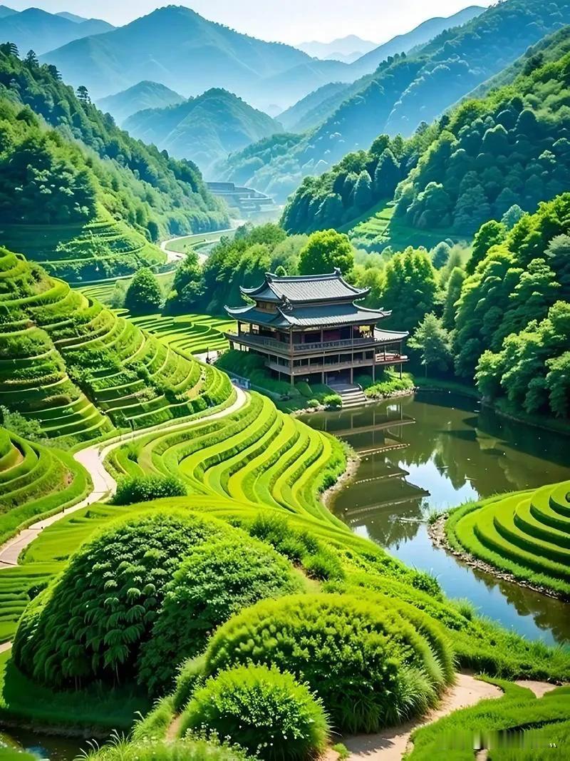 青山绿水，如绝美画卷。青山连绵似大地脊梁，沉稳坚定。绿树成荫，生机盎然。绿水悠悠
