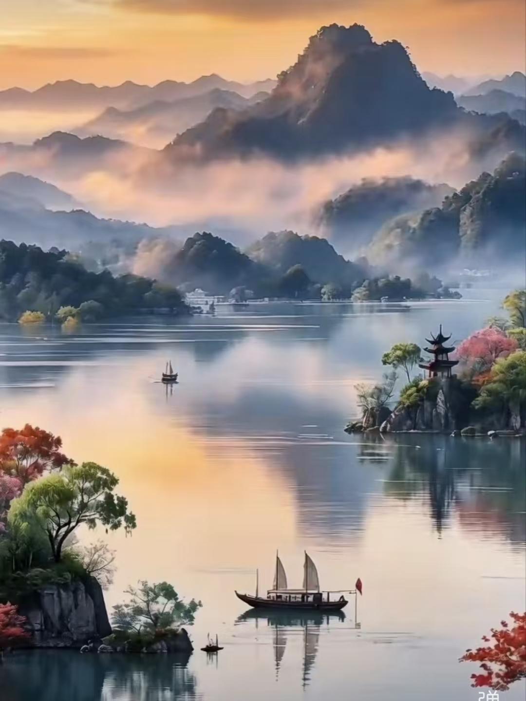 四块玉·湖山暮望 
叠霭轻，平湖净，
落日摇波晚天晴。
孤帆分影舟初定，
红树明