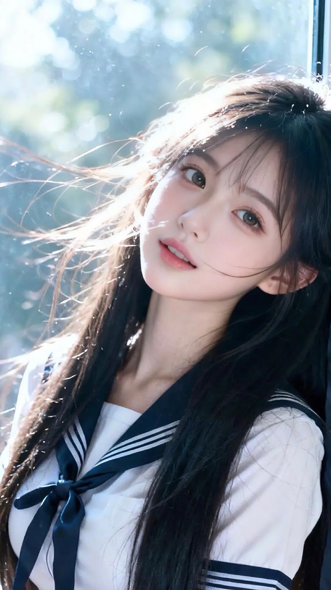 阳光洒进教室，少女微笑如初。街拍 高清美女