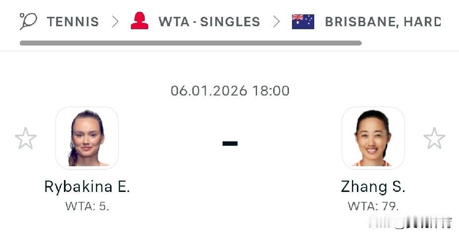 WTA500布里斯班：张帅VS莱巴金娜
莱巴金娜（Elena Rybakina）