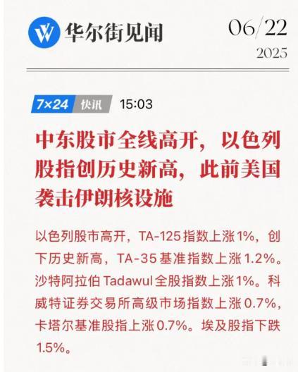 中东股市全线高开。好像没将美国打伊朗当回事，最牛的是以色列股市竟然连创历史新高