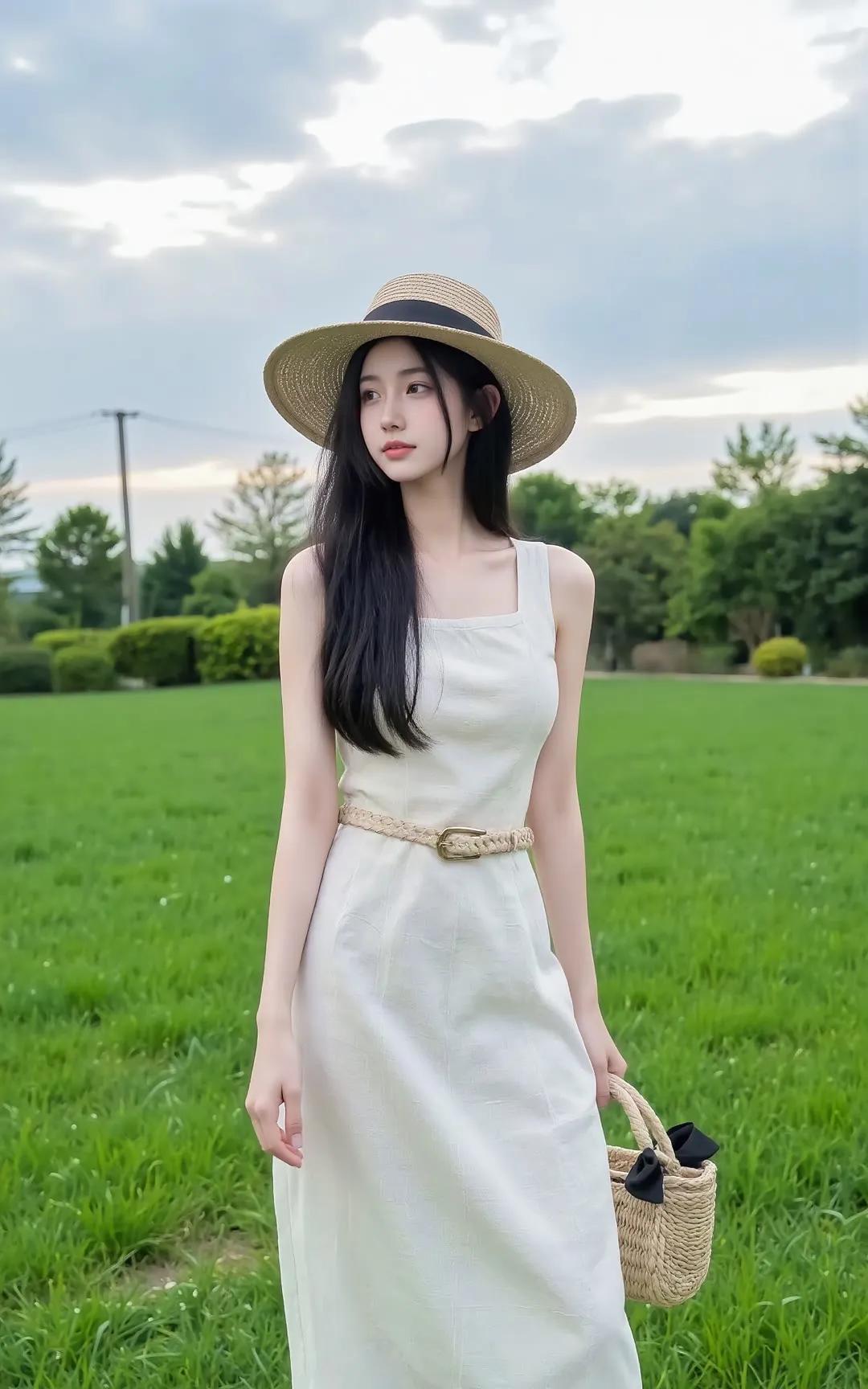 夏日清新穿搭指南：草帽+白色连衣裙，轻松自在！