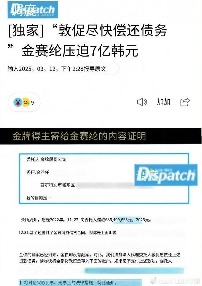 D社发文证实了金秀贤和金赛纶的恋爱关系，并且该公司逼迫金赛纶还钱一事 ​​​