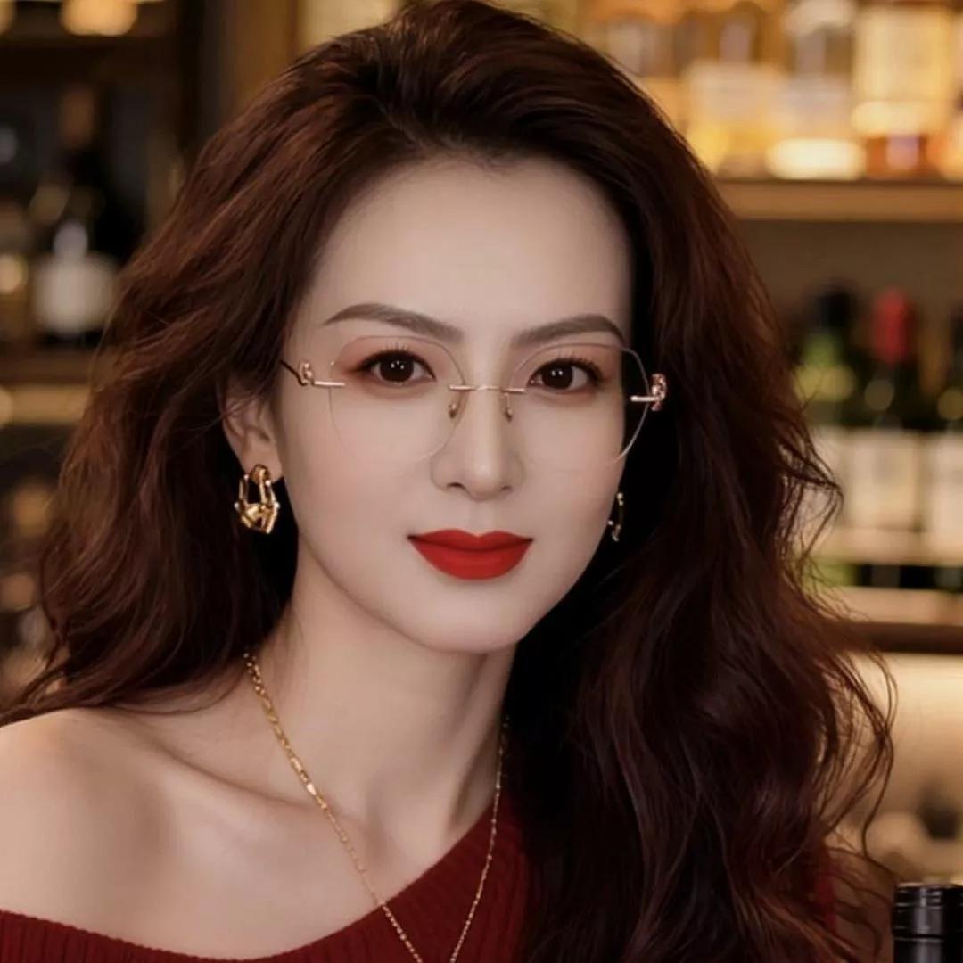 优雅红唇女神，时尚眼镜点缀，红酒相伴，夜晚的魅力黑发红唇女神 红唇美人照 红唇美