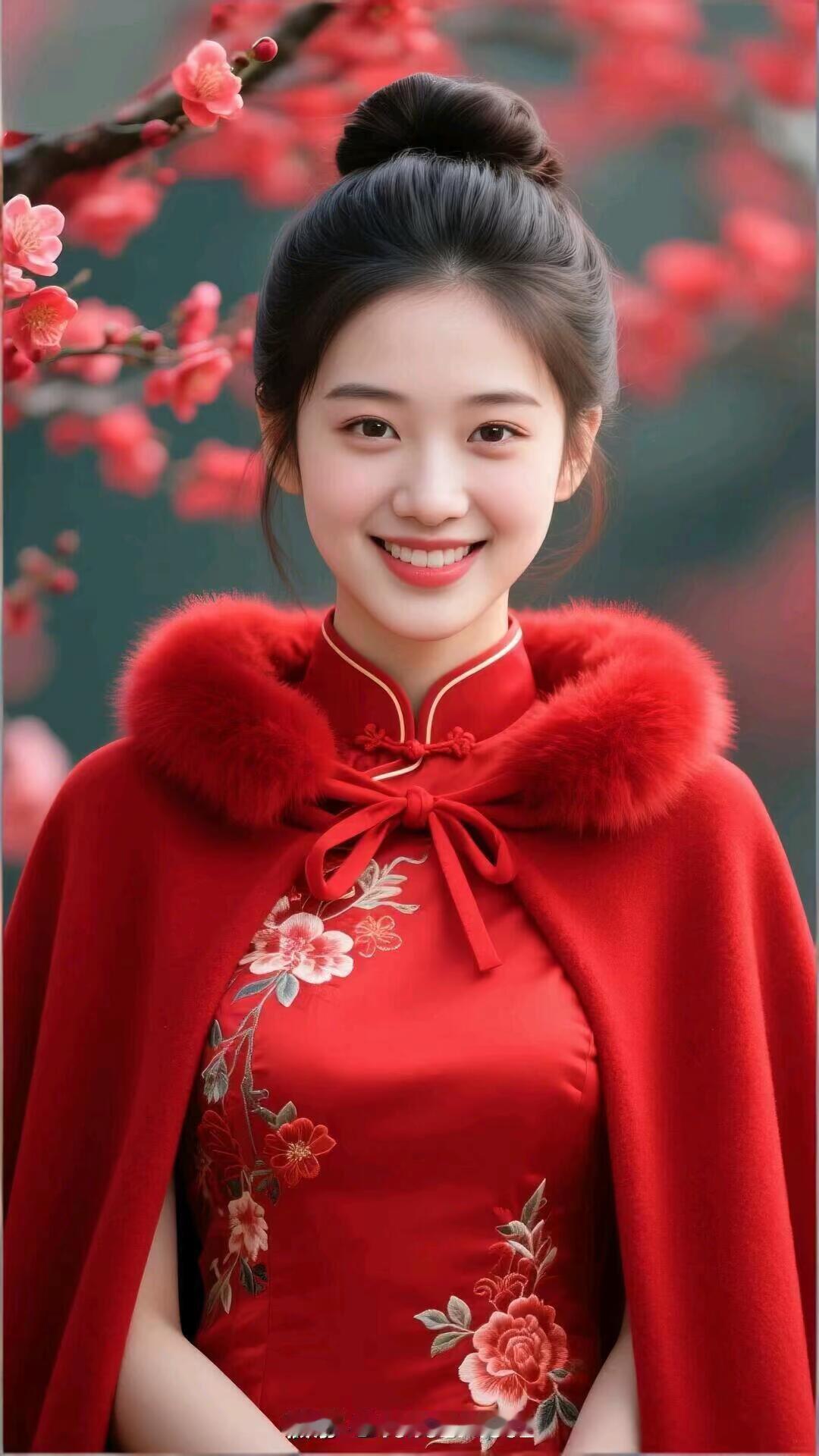 春日盛装，笑靥如花，红衣美人与樱花相映成趣。