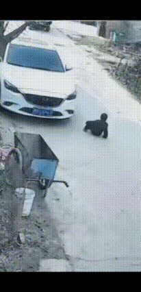 这个熊孩子走路不看前方，撞到停在路边白色车子前脸上，由于惯性被反弹坐在地上，疼的