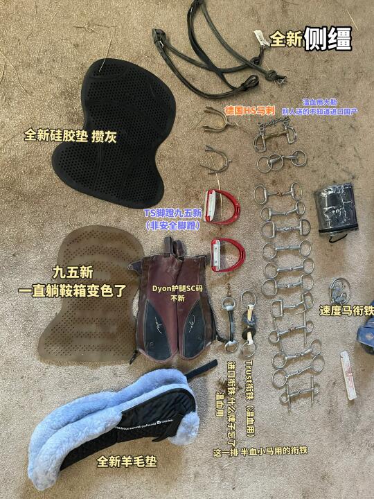 出一堆闲置马具 衔铁脚蹬护腿等等