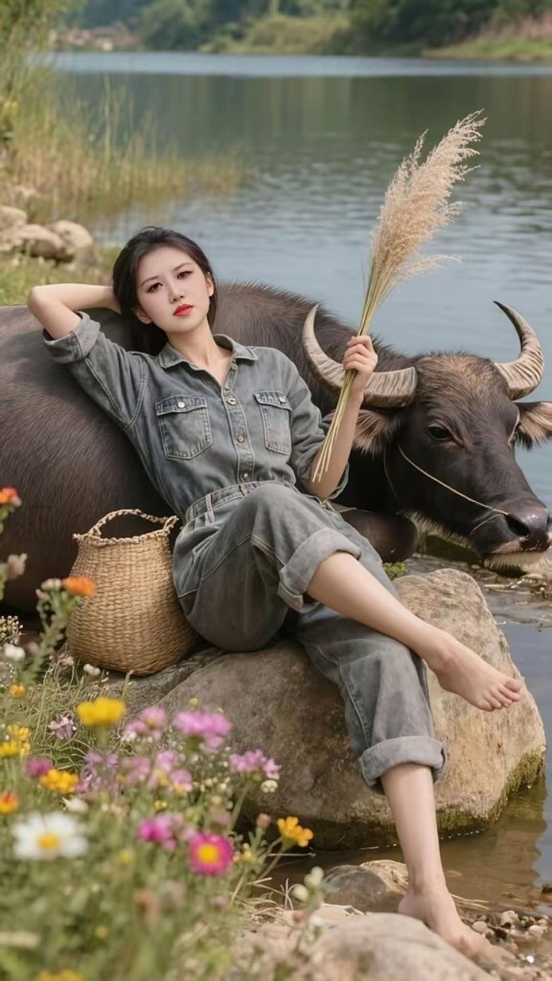 在湖边与牛儿相伴，感受田园生活的宁静与美好。