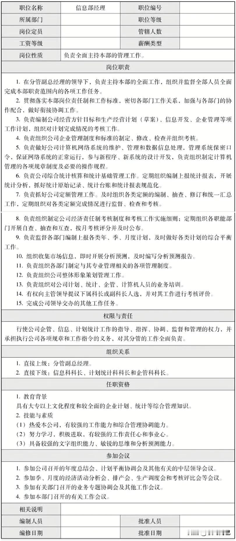 信息部经理岗位说明书