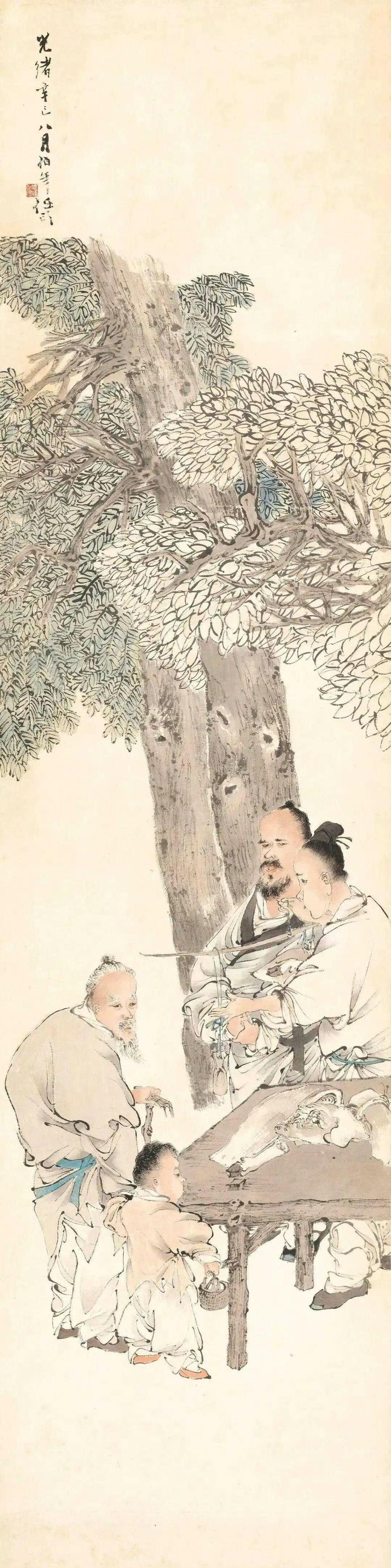 任伯年1881年的《卖肉图》轴，纸本设色，尺寸135×33.3cm，是清末海派大
