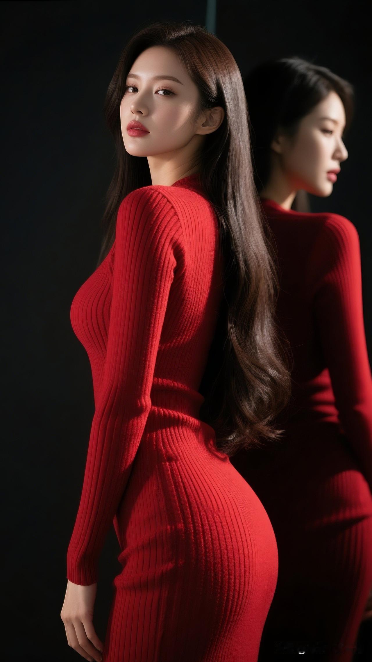 红衣美人倚，镜中映芳容。绝美身材是怎么练出来的? 优雅红裙，迷人侧颜，尽显女性魅