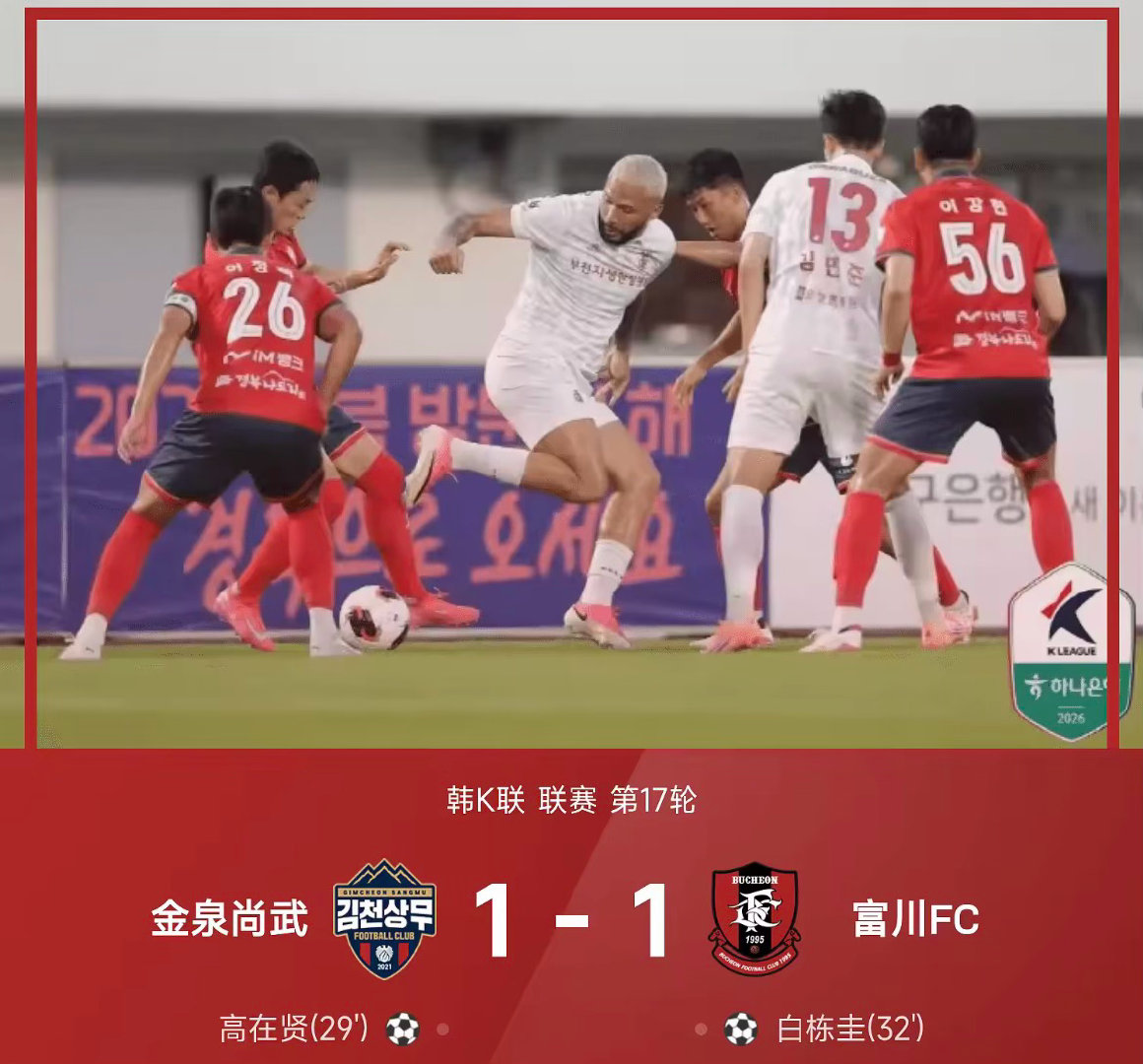 26赛季韩K联联赛第17轮，金泉尚武1-1战平富川FC。上半场，蒂亚戈尼奥射门击