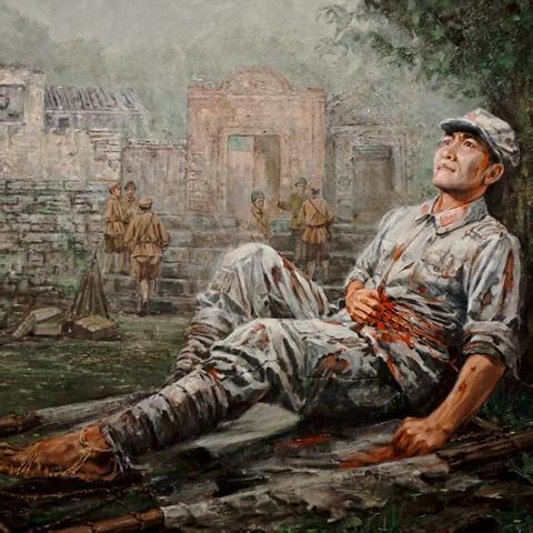 这张油画的名字，我记得叫做《为苏维埃流尽最后一滴血》，陈树湘年纪轻轻就是师长，可