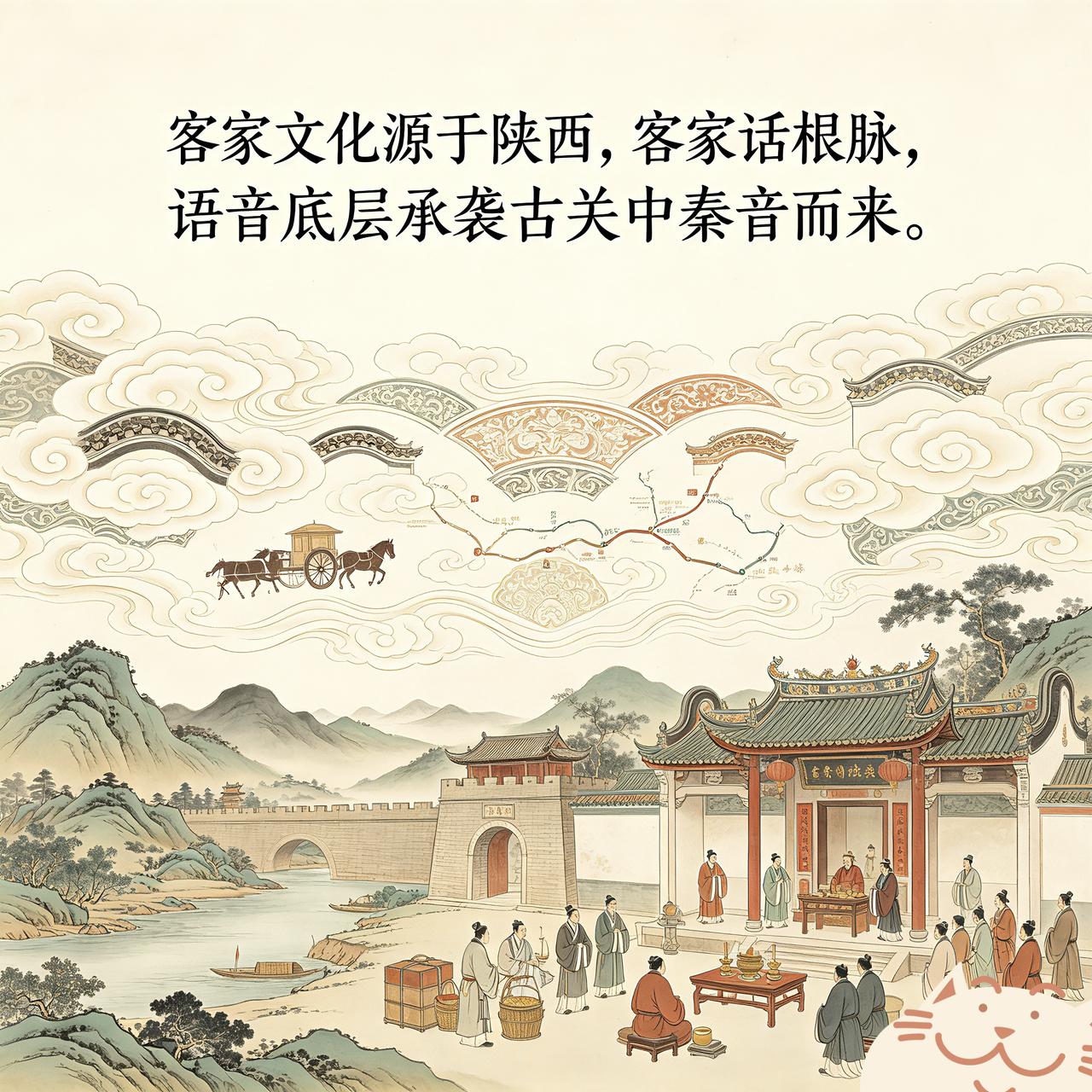 客家文化源于陕西，而客家话根脉，语音底层承袭古关中秦音而来。客家话，其延续的口音